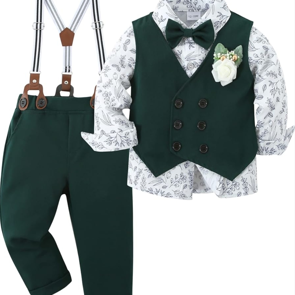 Toddler Green Vest and Pants Set with Bow Tie